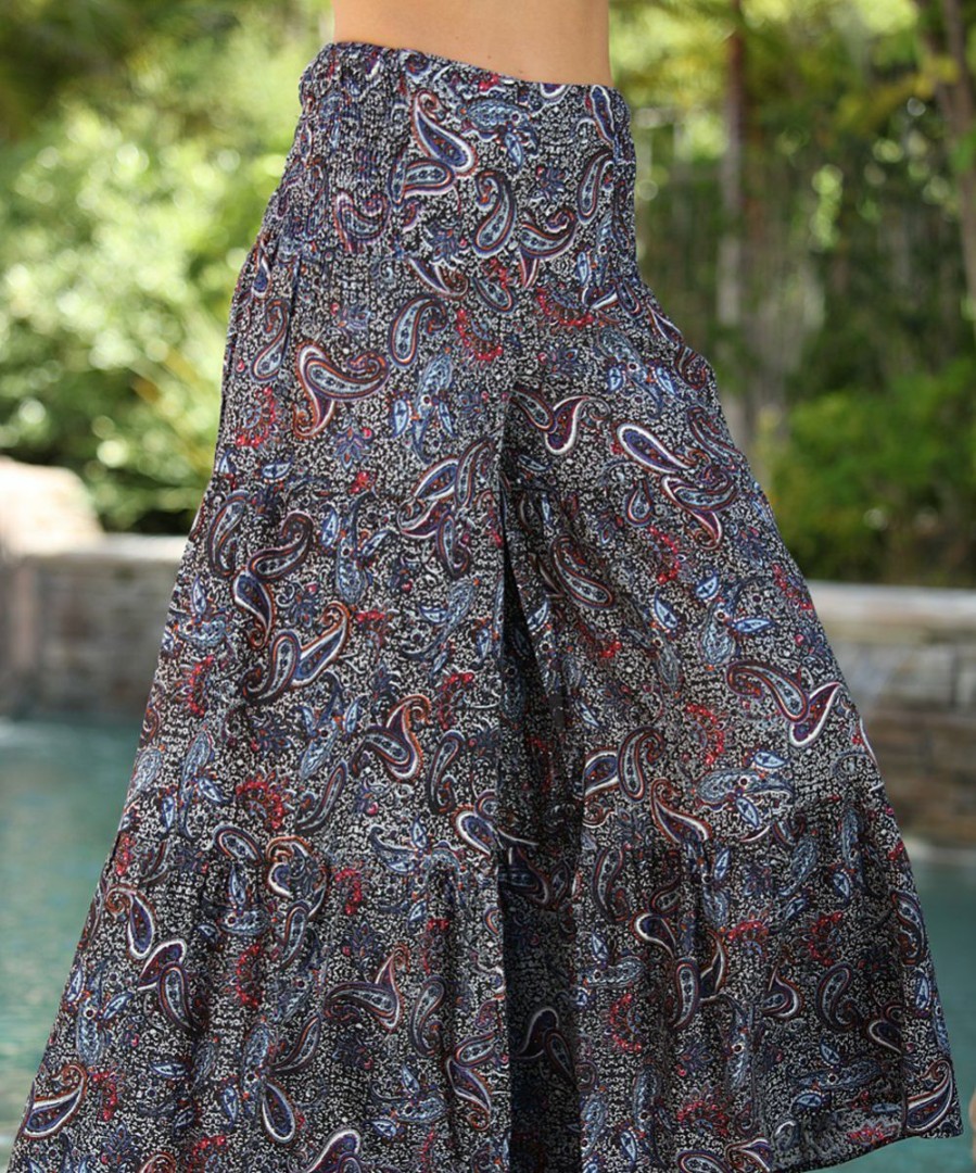 Women * | Ananda'S Collection | Black & Blue Paisley Tiered Tie-Waist Palazzo Pants Women