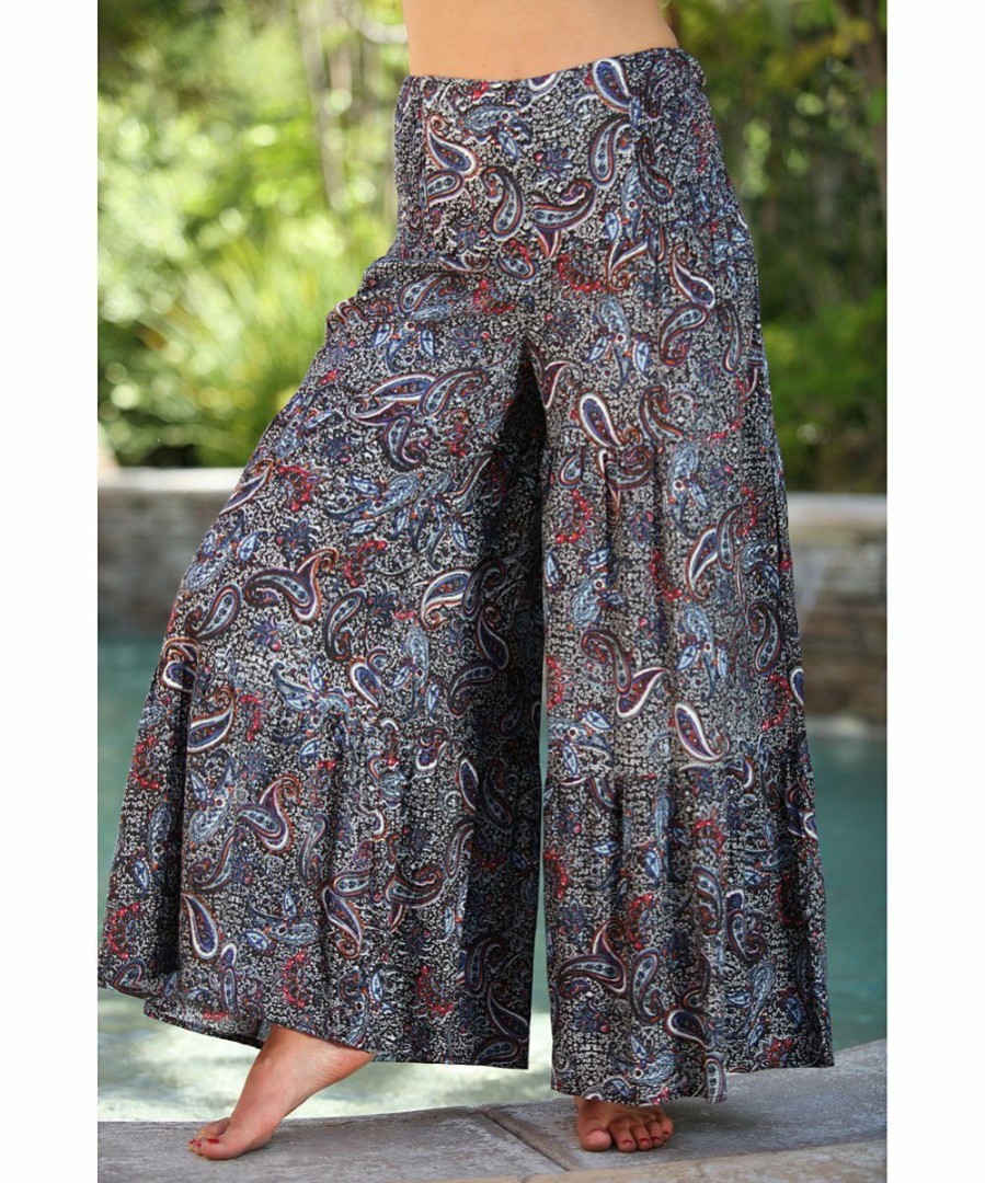 Women * | Ananda'S Collection | Black & Blue Paisley Tiered Tie-Waist Palazzo Pants Women