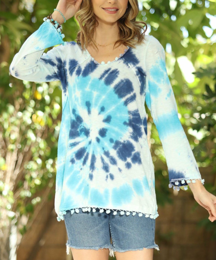 Women * | Ananda'S Collection | Turquoise & Navy Tie-Dye Pom-Pom Hem Tunic Women