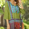 Women * | Ananda'S Collection | Green Patchwork Three-Quarter Sleeve Tunic Women