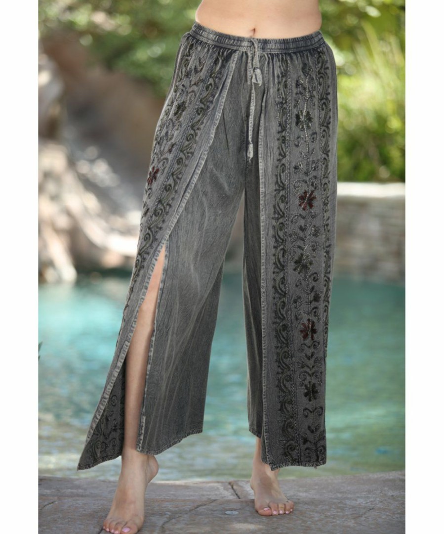 Women * | Ananda'S Collection | Gray Embroidered Split Elastic-Waist Pants Women