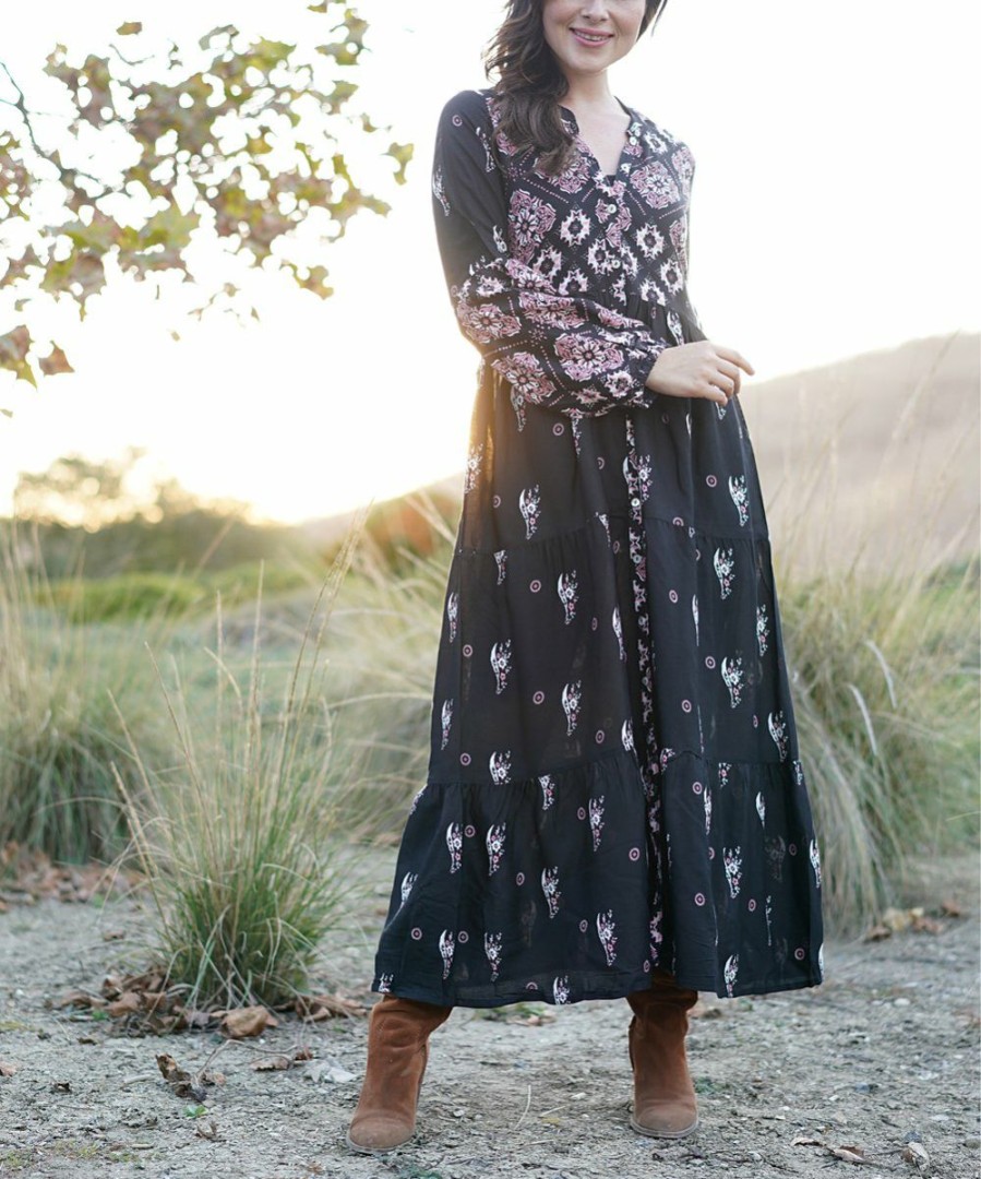 Women * | Ananda'S Collection | Black Floral Embroidered Lace Maxi Peasant Dress Women