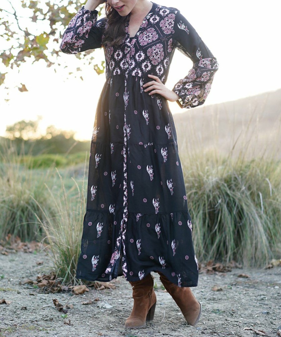 Women * | Ananda'S Collection | Black Floral Embroidered Lace Maxi Peasant Dress Women