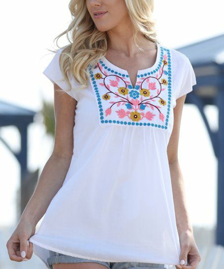 Women * | Ananda'S Collection | White Embroidered Notch Neck Tunic Women & Plus