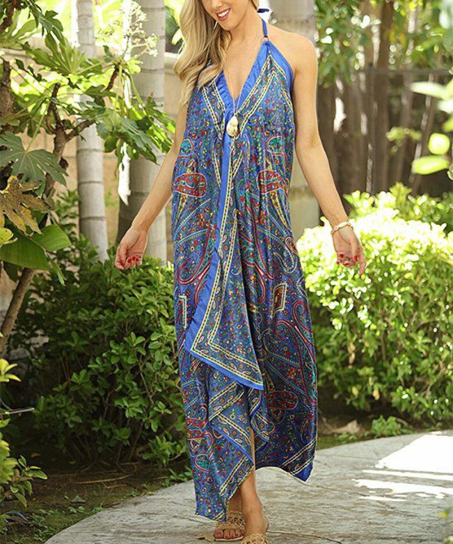 Women * | Ananda'S Collection | Blue & Red Paisley V-Neck Halter Handkerchief Dress Women