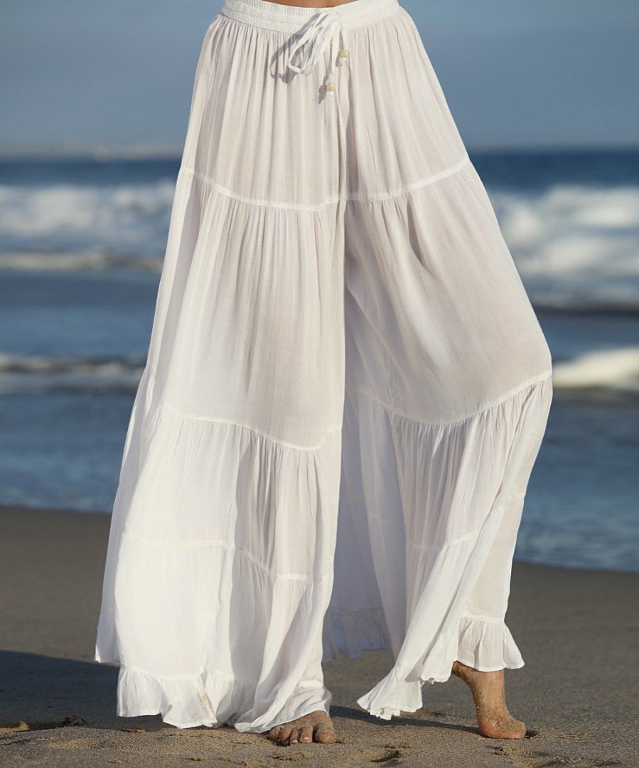 Women * | Ananda'S Collection | White Sheer Tiered Tie-Waist Palazzo Pants Women