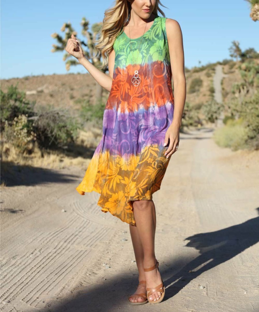 Women * | Ananda'S Collection | Neon Green & Ochre Floral Block Sleeveless Dress Women