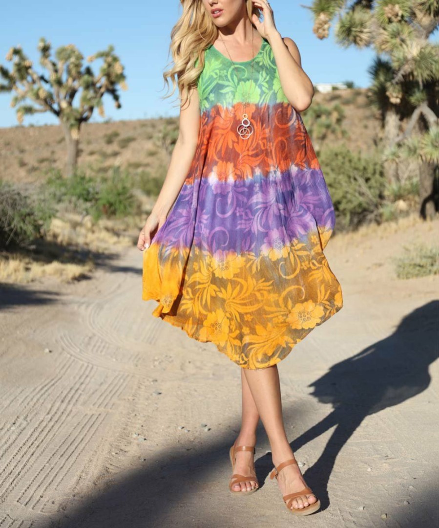 Women * | Ananda'S Collection | Neon Green & Ochre Floral Block Sleeveless Dress Women