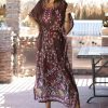 Women * | Ananda'S Collection | Brown & Pink Leaf Scoop Neck Caftan Women