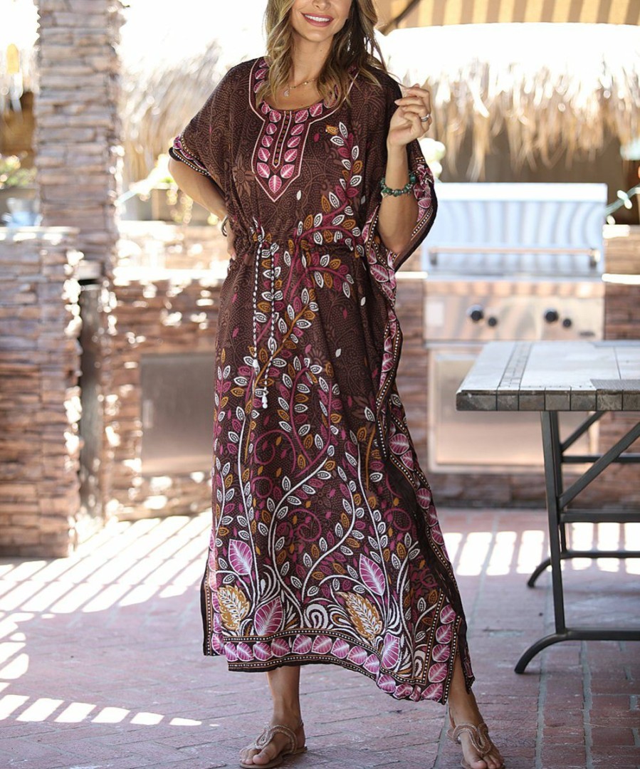 Women * | Ananda'S Collection | Brown & Pink Leaf Scoop Neck Caftan Women