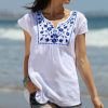 Women * | Ananda'S Collection | White & Blue Semi-Sheer Floral Embroidered Tunic Women & Plus