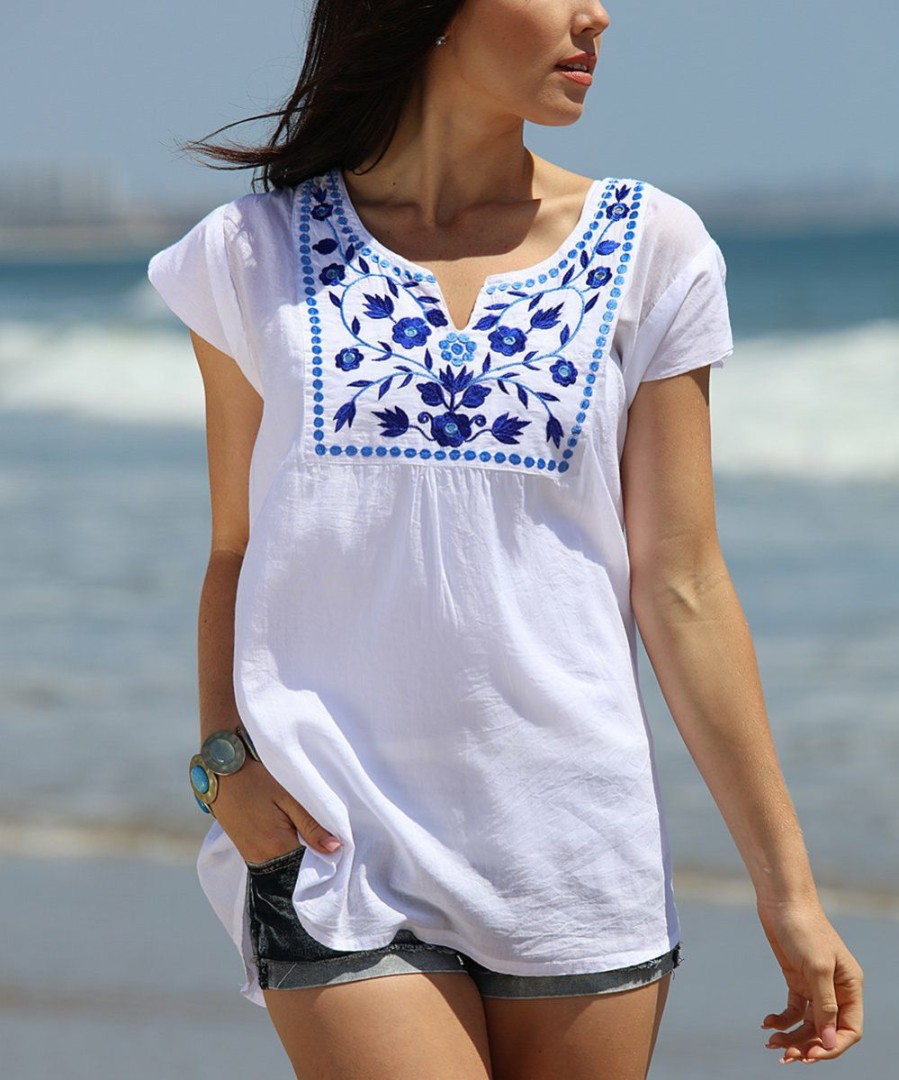 Women * | Ananda'S Collection | White & Blue Semi-Sheer Floral Embroidered Tunic Women & Plus