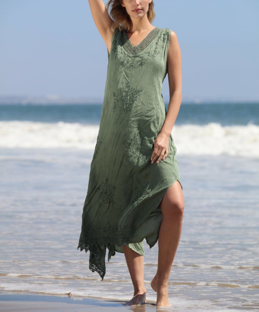 Women * | Ananda'S Collection | Olive Embroidered Sleeveless Maxi Dress Women