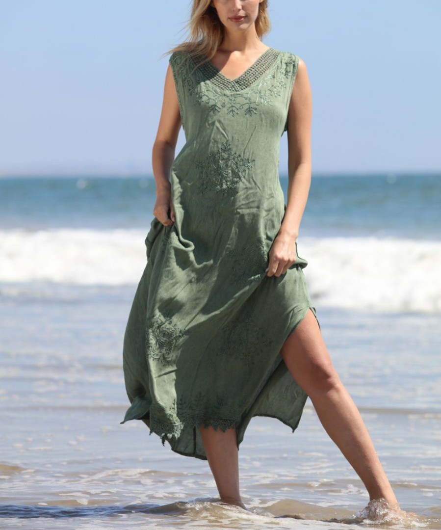 Women * | Ananda'S Collection | Olive Embroidered Sleeveless Maxi Dress Women