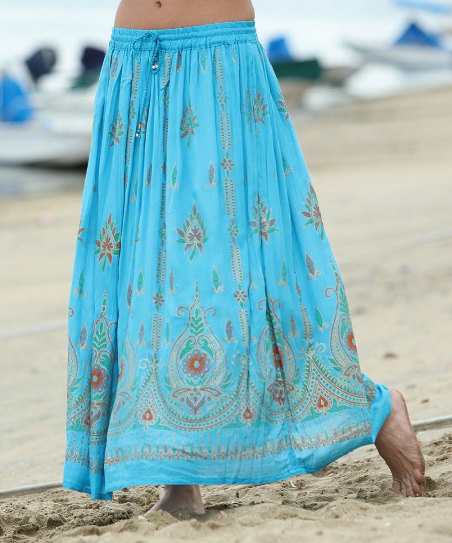 Women * | Ananda'S Collection | Turquoise & Orange Floral Drawstring Max Skirt Women