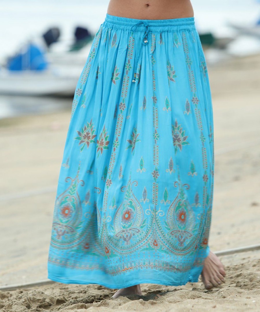 Women * | Ananda'S Collection | Turquoise & Orange Floral Drawstring Max Skirt Women