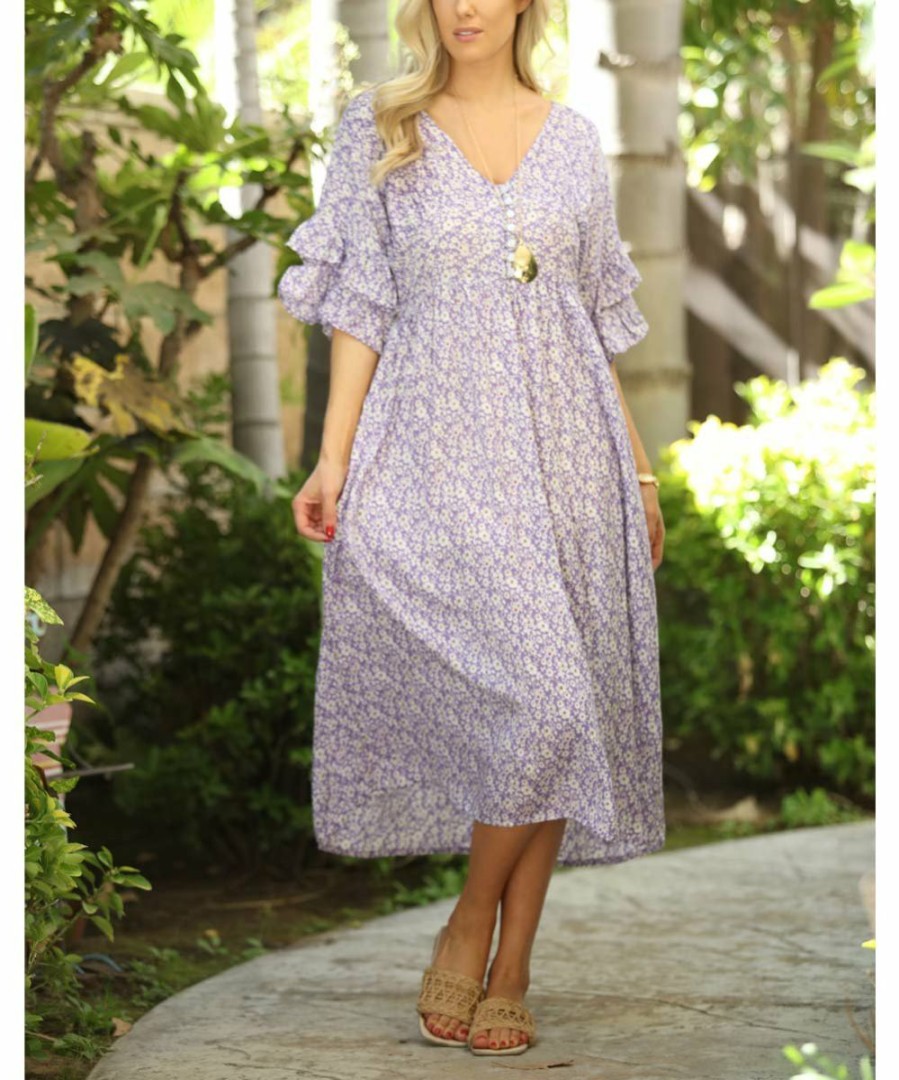 Women * | Ananda'S Collection | Purple Floral Ruffle-Sleeve Midi Dress Women