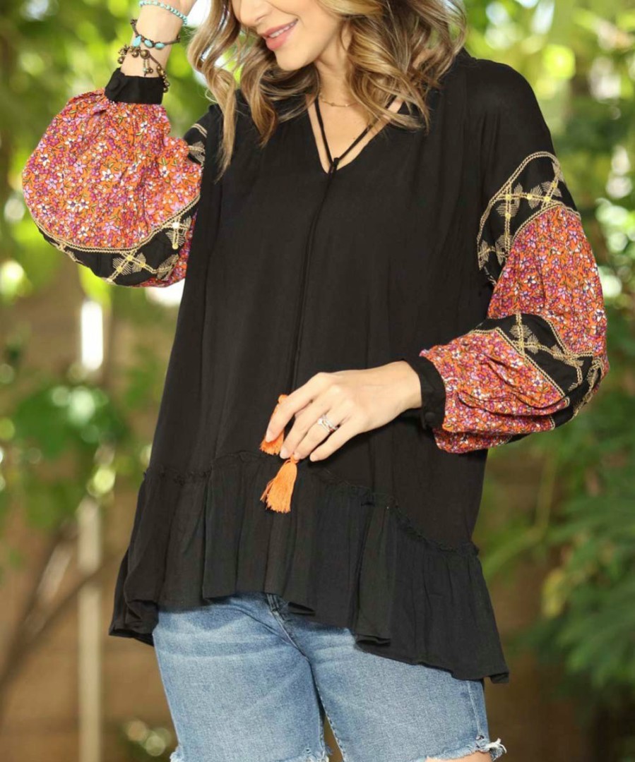 Women * | Ananda'S Collection | Black & Coral Abstract Peasant Top Women