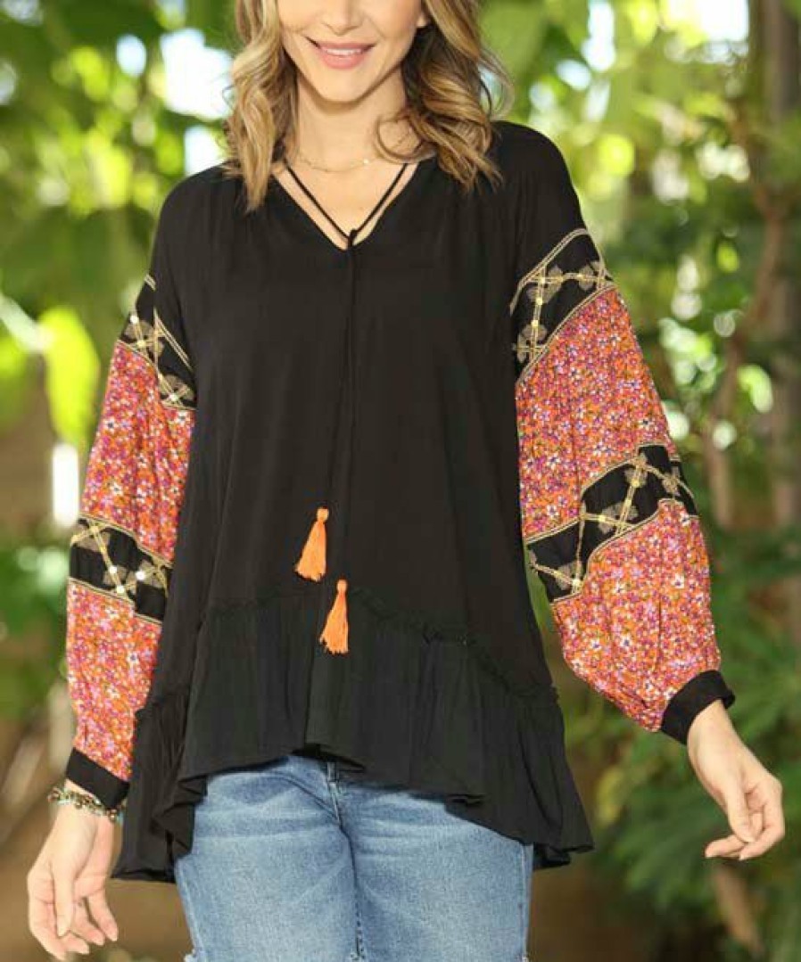 Women * | Ananda'S Collection | Black & Coral Abstract Peasant Top Women