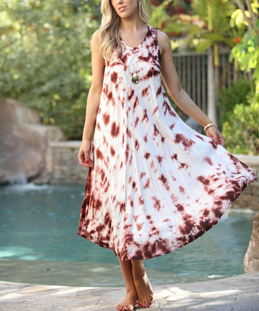 Women * | Ananda'S Collection | Brown & White Tie-Dye Embroidered Sleeveless Shift Dress Women