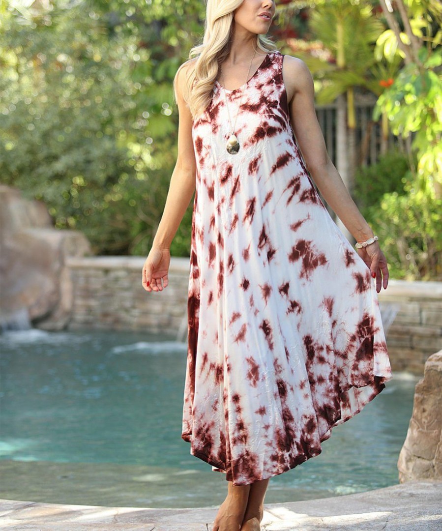 Women * | Ananda'S Collection | Brown & White Tie-Dye Embroidered Sleeveless Shift Dress Women