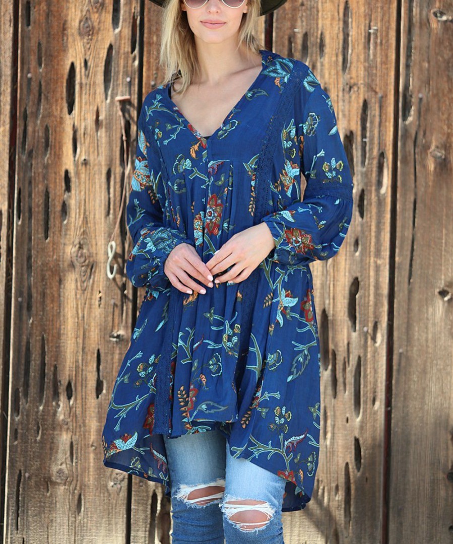 Women * | Ananda'S Collection | Navy Floral Balloon-Sleeve Shift Dress Women & Plus