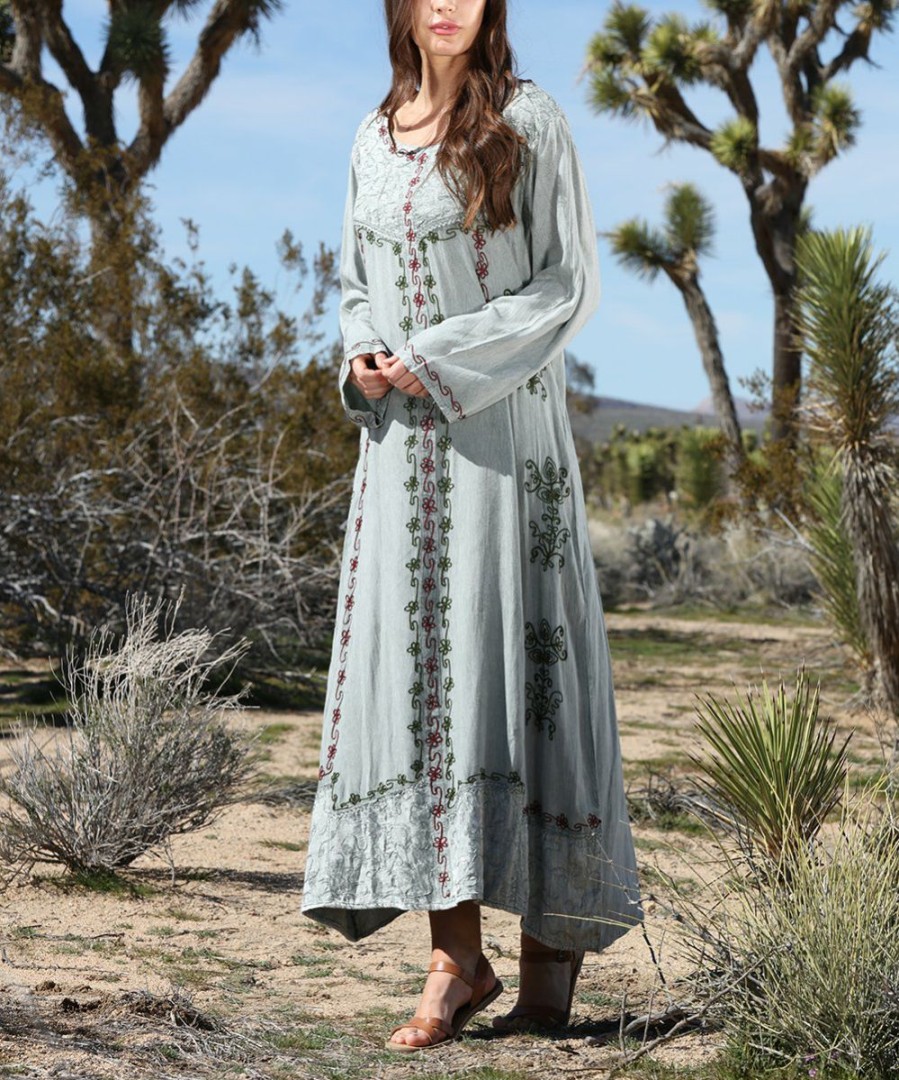 Women * | Ananda'S Collection | Sage Embroidered Back-Tie Long-Sleeve Maxi Dress Women