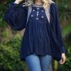 Women * | Ananda'S Collection | Navy & Beige Embroidered-Accent Bishop-Sleeve Tunic Women