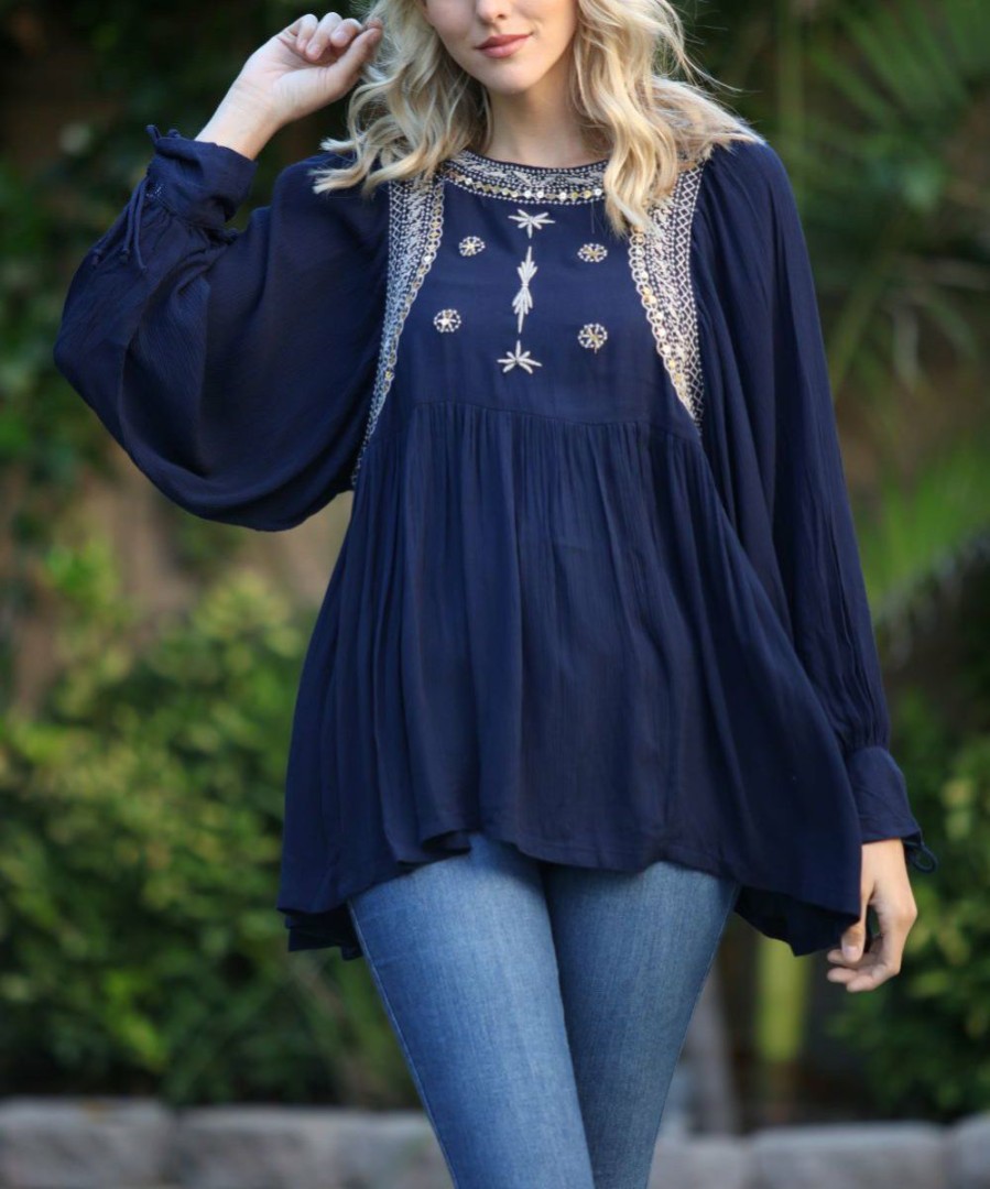 Women * | Ananda'S Collection | Navy & Beige Embroidered-Accent Bishop-Sleeve Tunic Women