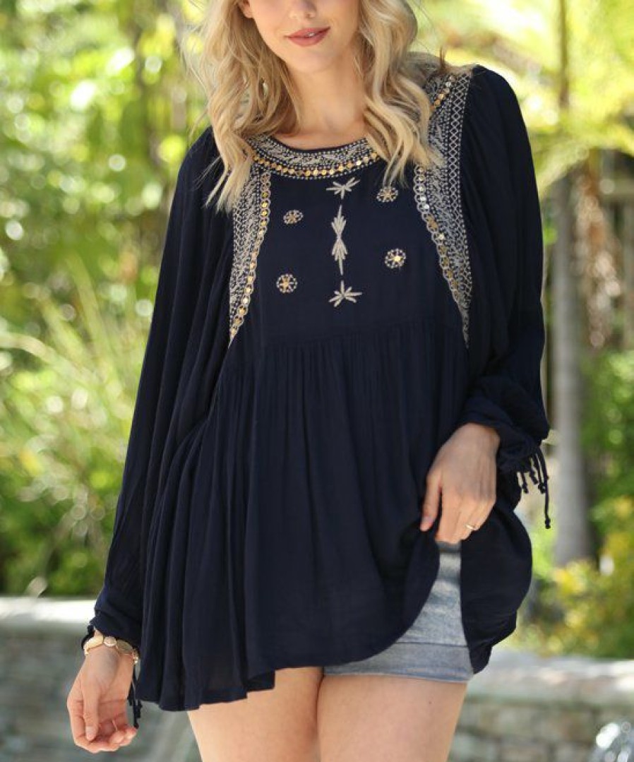 Women * | Ananda'S Collection | Navy & Beige Embroidered-Accent Bishop-Sleeve Tunic Women