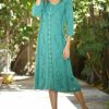 Women * | Ananda'S Collection | Teal Scrollwork Embroidered Three-Quarter Sleeve Shirt Dress Women