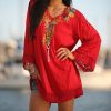 Women * | Ananda'S Collection | Red Floral Bell-Sleeve V-Neck Tunic Women & Plus