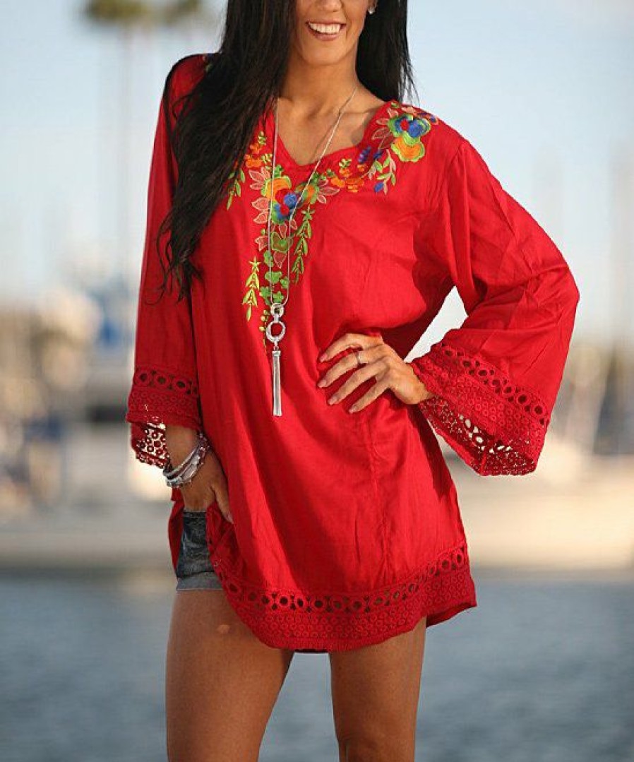 Women * | Ananda'S Collection | Red Floral Bell-Sleeve V-Neck Tunic Women & Plus