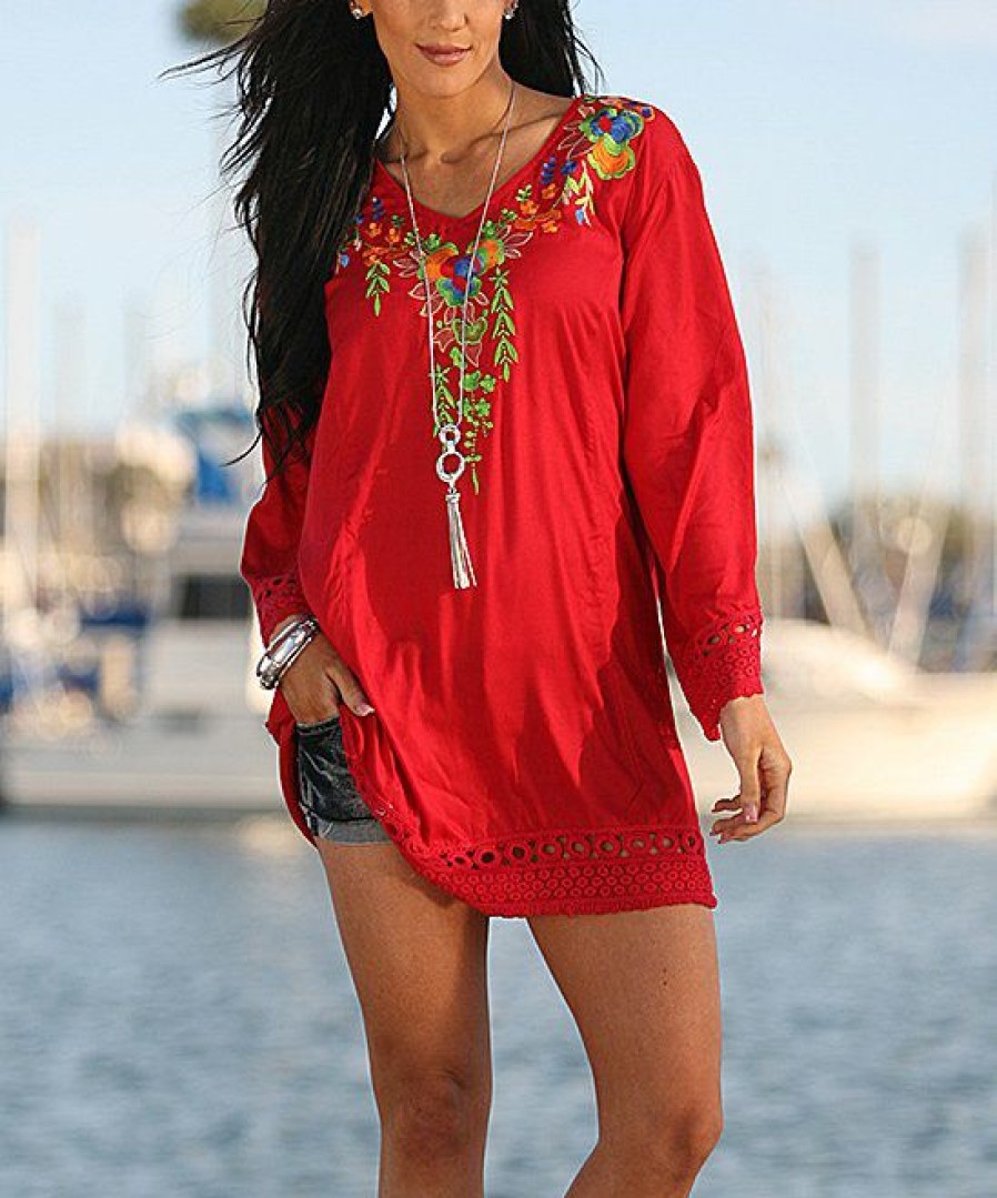 Women * | Ananda'S Collection | Red Floral Bell-Sleeve V-Neck Tunic Women & Plus