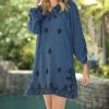 Women * | Ananda'S Collection | Denim Embroidered Floral Long-Sleeve Shift Dress Women