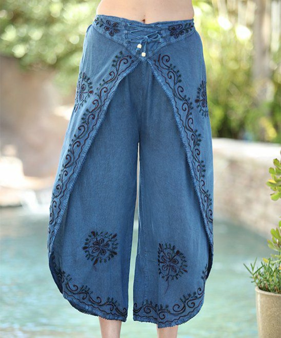 Women * | Ananda'S Collection | Denim Blue Embroidered Wide-Leg Pants Women