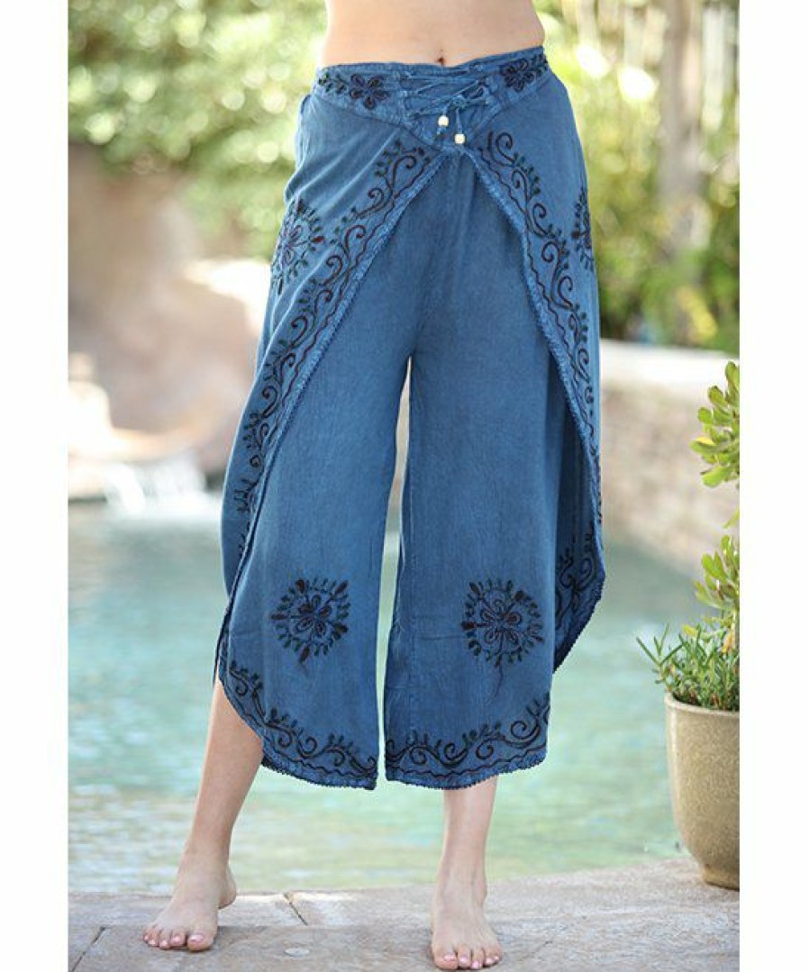 Women * | Ananda'S Collection | Denim Blue Embroidered Wide-Leg Pants Women