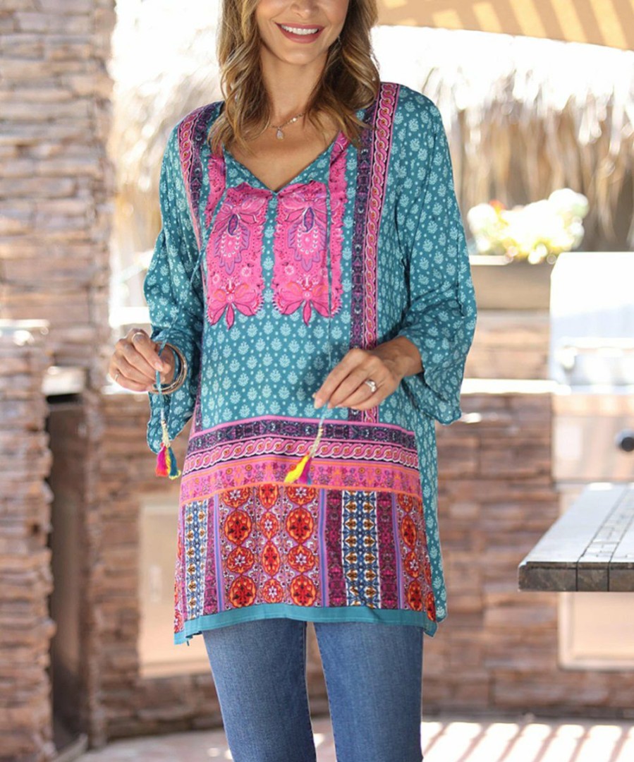 Women * | Ananda'S Collection | Pink & Teal Patchwork Three-Quarter Sleeve Tunic Women